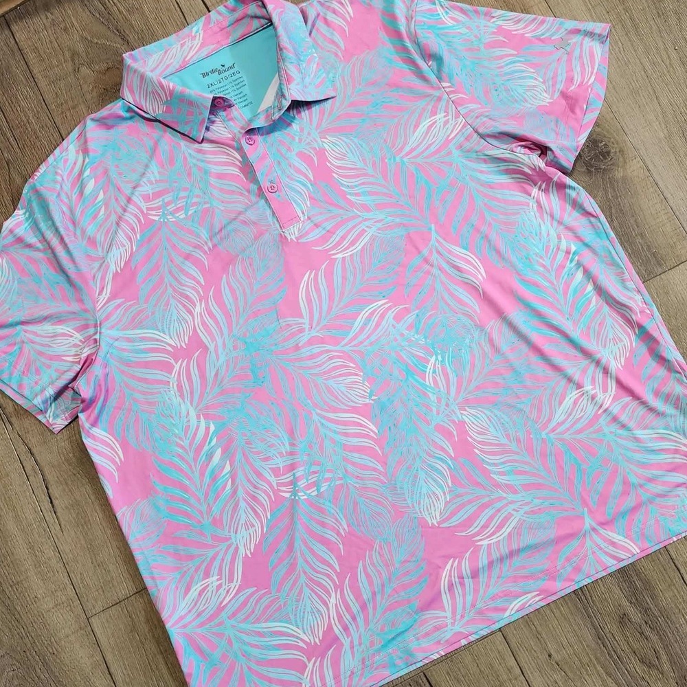 Birdie Bound Mens 2XL Golf Polo Shirt Pink Blue Tropical Palm Leaf Print Stretch